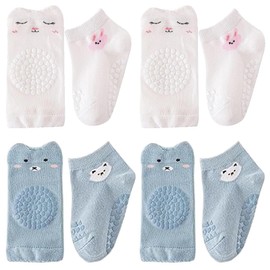 EOYVAIL Baby Boy Leg Warmers, Non-Slip Baby Socks and Baby Knee Pads Set, Baby Crawling Knee Pads, Newborn Crawling Knee Pads (2 Sets, White/Blue, S), multicoloured