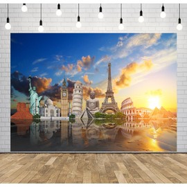 CORFOTO Travel Around The World Backdrop Fabric 5x3ft Global Famous Monuments World Landmarks Background US Statue of Liberty Paris Eiffel Tower Backdrops for Travel Party Decor Adult Portrait Prop