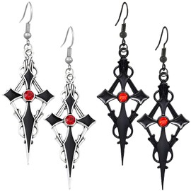 Kawailay 2 Pairs Gothic Cross Earrings Vintage Cross Dangle Earrings Rock Hip Hop Punk Cross Drop Earrings for Women - Silver and Black Style 3