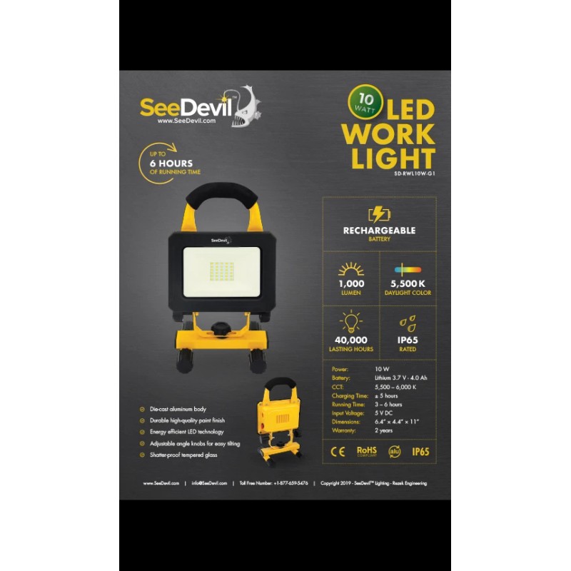 SeeDevil Rechargeable LED Work Light 10W (1000lm) or 50W (5000lm)