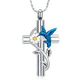 Hummingbird Urn Necklace for Ashes Cross Cremation Butterfly Jewelry for Women Necklace Urn Keepsake Memorial Pendant for Ashes of Loved Ones (Silver-blue)