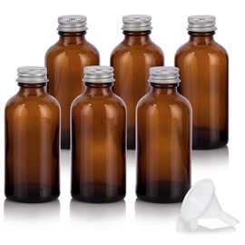 JUVITUS 4 oz Amber Glass Boston Round Bottles with Silver Metal Screw On Caps (6 pack) + Funnel