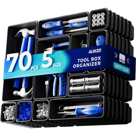 ALIKZO 70 PCS Tool Box Organizer Tray & Desk Drawer Organizer Set, 5 Size Interlocking Bins for Garage Tool Storage, Mechanic Tool Chest, Rolling Cart, Workbench Drawers with EVA Non Slip Pads