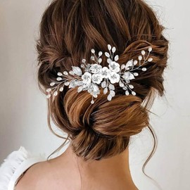 CASOLVX Bride Flower Hair Comb Wedding Pearl Crystal Hair Piece Silver Leaf Side Comb Bridal Hair Accessories for Bride and Bridesmaids