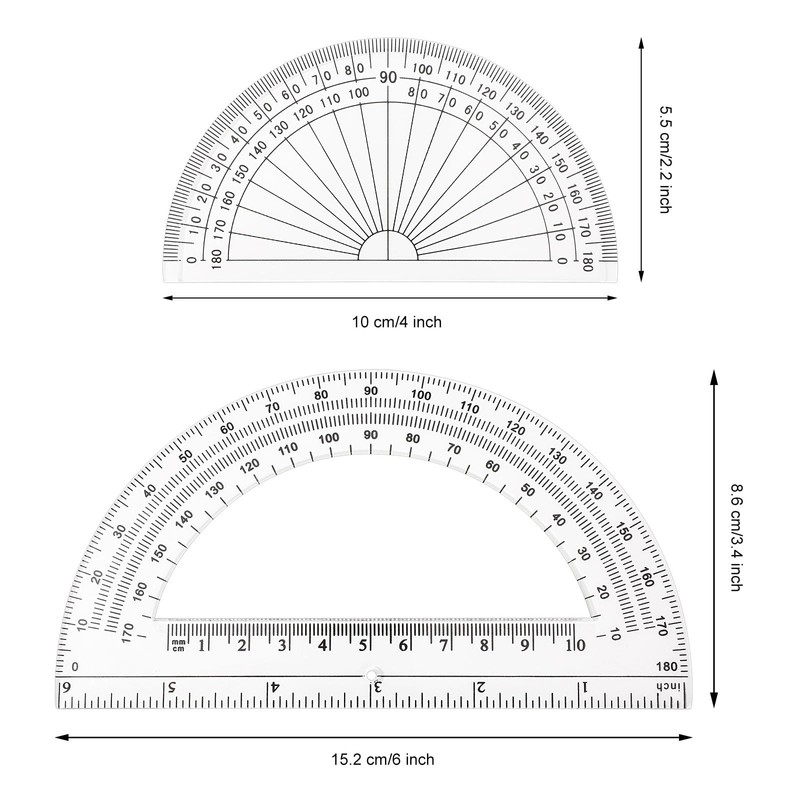 Zonon 2 Pcs 6 Inch 4 Inch Plastic Protractor Math
