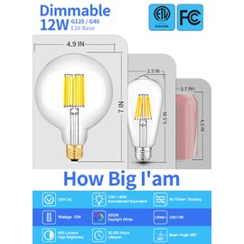 CRLight 12W Dimmable LED Large Globe Bulb 5000K Daylight White Glow, G40 Replacement 5 Inch 90W Equivalent 900LM, E26 Oversize Antique Edison G125 Large Clear Glass LED Light Bulbs, Smooth Dimming
