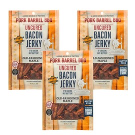 Pork Barrel BBQ Old-Fashioned Maple Bacon Jerky - Uncured Snacks, Sweet Maple and Brown Sugar with Smoky, Slow Cooked Bacon, Nitrate and Nitrite Free, Gluten Free Protein Snack, 2 oz - Pack of 3