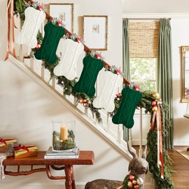 Kunyida 18 Inch Christmas Stockings,Ivory and Green Knit Bulk Double Side Vintage Dog Xmas Stockings for Family Dogs Pets,6 Pack