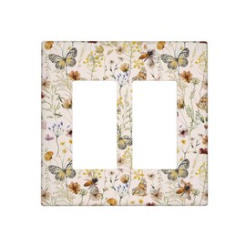 Vintage Butterflies Double Rocker Wall Plates Colorful Wildflower 2 Gang Light Switch Cover Decorative Cute Bees GFCI Electrical Switchplate Beige Flower Leaves Dimmer Decor for Bedroom Kidroom