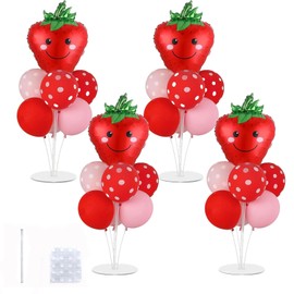 4 Sets Strawberry Party Balloons Stand Kit with 4pcs Strawberry Foil Balloons, 32pcs Red Pink Dot Balloons for Girls Birthday Baby Shower Decoration