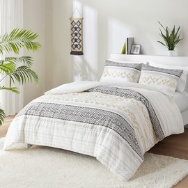 Hyde Lane Farmhouse Bedding Comforter Sets King, Ivory Boho Bed Set,Cotton Top with Modern Neutral Style Clipped Jacquard Stripes, 3-Pieces Including Matching Pillow Shams (104x90 Inches)