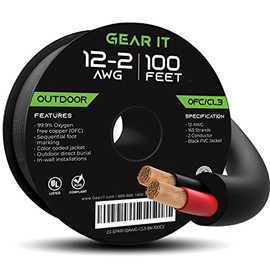 GearIT 12/2 Speaker Wire (100 Feet) 12AWG Gauge - Outdoor Direct Burial in Ground/in Wall / CL3 CL2 Rated / 2 Conductors - OFC Oxygen-Free Copper, Black 100ft