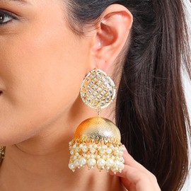 Gold Plated Pearl Jhumka Earrings with Kundan Studded Top for Women | Bridal & Ethnic Jewelry | Traditional Indian Earrings (ER_0724_15)
