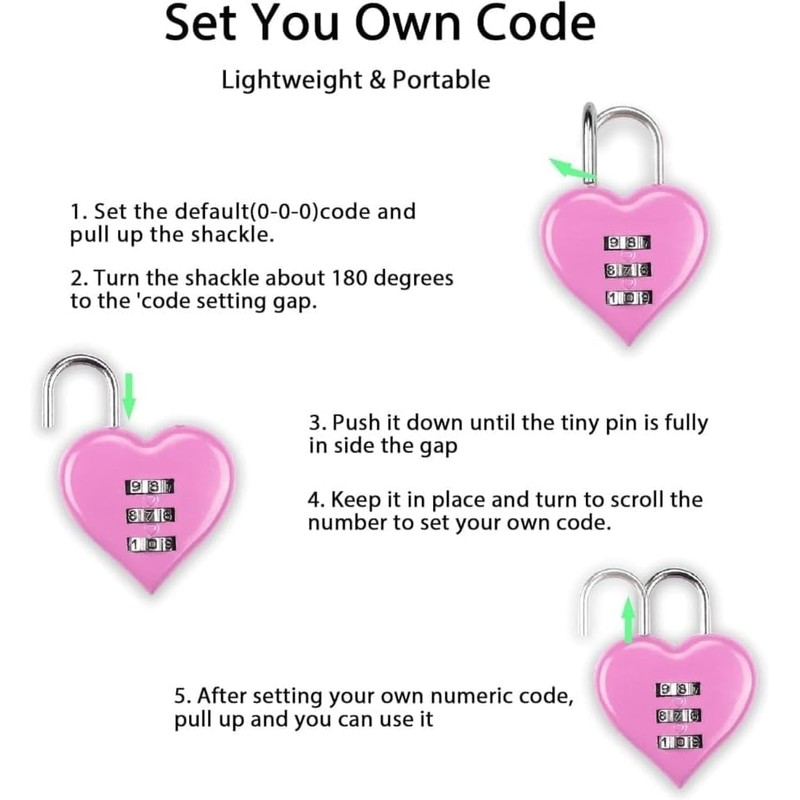 Love Heart Shape Combination Padlock, Mini 3-Digit Password Resettable Code