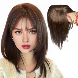 12x14 Lace Base Human Hair Toppers Invisible Middle Part Natural Hairpiece with Wispy Air Bangs Clip In Hair Extension 220% Density (Dark Brown, 14 inch)