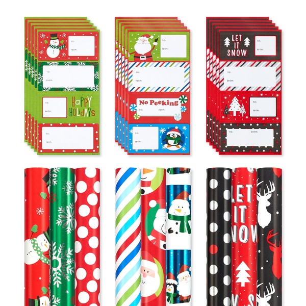 American Greetings 225 sq. ft. Christmas Wrapping Paper Set with Cut Lines, Santa, Stripes, Reindeer, Polka Dots and Snowmen (9 Rolls 30 in. x 10 ft., 60 Gift Tags)