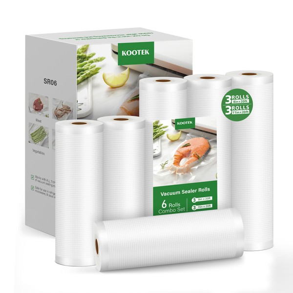 Kootek Vacuum Sealer Bags, 6 Pack 3 Rolls 8"x20' and 3 Rolls 11"x20' (Total 120 feet), Commercial Grade, BPA Free Food Vac Bags Rolls for Storage, Meal Prep or Sous Vide