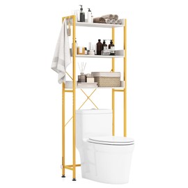 Giantex Over The Toilet Storage Rack, 3-Tier Bathroom Space Saver Organizer with Adjustable Bottom Bar to Fit Most Toilets, Freestanding Above Toilet Storage Rack, Easy Assembly (White + Gold)