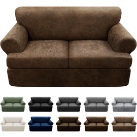 Pfrstuv 3-Pieces T Cushion Loveseat Slipcovers Leather Look Couch Cover Loveseat Covers for 2 Cushion Couch Furniture Protector Stretch Sofa Cover with 2 Individual T Cushion Seat Covers, Brown
