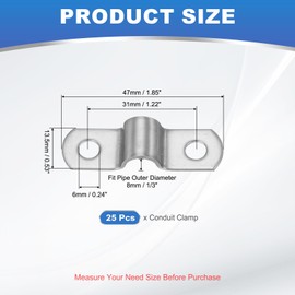 PATIKIL 8mm Rigid Pipe Strap, 25 Pcs 304 Stainless Steel Conduit Clamp 2 Hole Thicken U Bracket Pipe Clamp Tube Strap for Pipe Cable Wire Fixing, (1/3")
