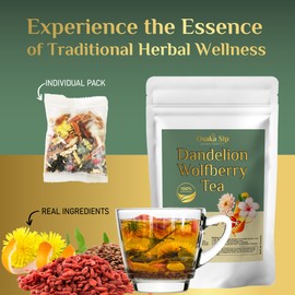 OsakaSip Dandelion Wolfberry Herbal Tea Bags - Natural Detox Cleanse Blend for Liver Kidney Health - 7 Chinese Herb Ingredients with Goji Berry Cassia Seed Licorice Chrysanthemum Orange Peel Gardenia (144g 12 bags)