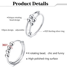 YADOCA 925 Sterling Silver Anxiety Rings for Women Adjustable Open Beads Ring Stackable Band Rings Rotatable Spinner Fidget Ring