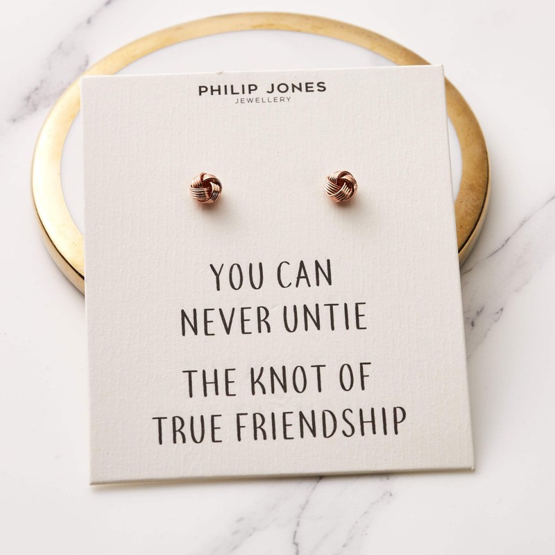 Philip Jones Rose Gold Plated Love Knot Earrings with Quote