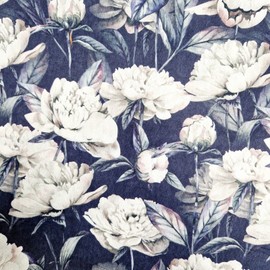 Cotton Canvas Fabric - White Peony Floral on Navy Blue - Craft Fabric Material Metre