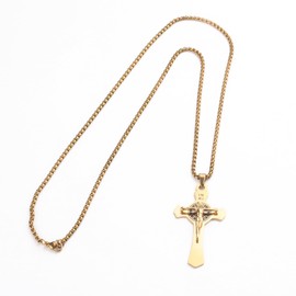 HELLOWIN 18K Gold Plated Stainless Steel Saint St. Benedict Crucifix Cross Pendant Catholic Necklace for Men and Women (Gold)