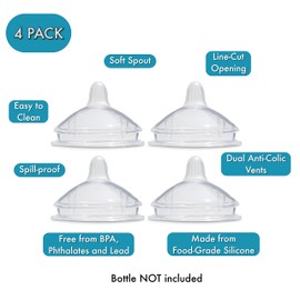 Sippy Spout Nipples for haakaa and Mason Baby Bottles | 4-Pack | Food Grade Silicone | BPA-Free | Soft Spout | Spill-Proof | Variable Flow