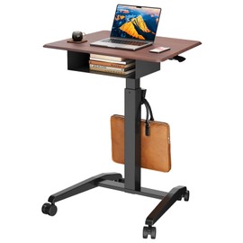 JOY worker Height Adjustable Rolling Laptop Desk with Shelf,Mobile Standing Desk,Pneumatic Mobile Laptop Table with Wheels for Couch Home Office School,Holds Up to 22lbs,Dark Walnut