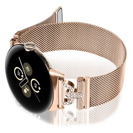 OULUCCI Bands Compatible with Pixel 3 41mm Watch Bands, D-shaped with Diamonds Mesh Loop Magnetic Strap for Pixel 21 Watch Bands for Women Men (Rose Gold)