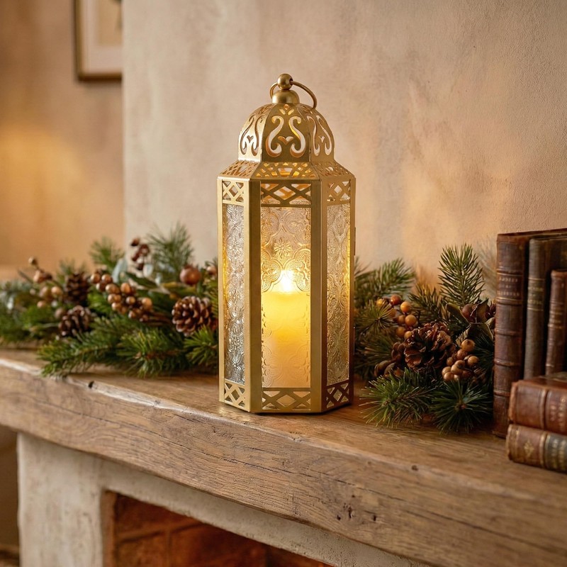 VELA LANTERNS 10.5" Gold Moroccan Candle Lantern Decorative Candle Holder