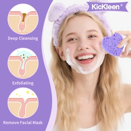 60-Count Kickleen Compressed Cellulose Heart Shape Facial Sponges | Natural Cosmetic Spa Sponges for Facial Cleansing | Exfoliating | Makeup Mask Removal | Reusable | Skin Massage (Purple)