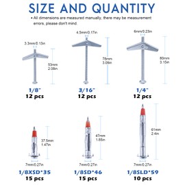 Glarks 76Pcs Toggle Bolt and Hollow Wall Drive Anchors Kit, 1/8" 3/16" 1/4" Round Head Toggle Bolts and 1/8'' 35/46/59mm Molly Bolt Drive Hollow Drive Wall Anchor Assortment Set
