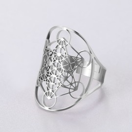 EUEAVAN Archangel Metatron Ring for Men, Adjustable Sixfold Metatron's Cube Symbol Holy Geometric Protection Amulet Statement Ring for Women, Stainless Steel, No Gemstone