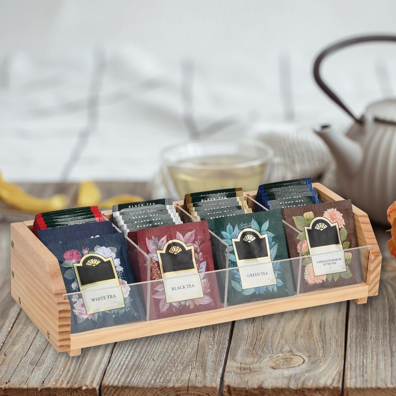 Tea Bag Storage Organizer, Natural Wood and Clear Acrylic, 4-Section