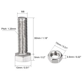 sourcing map M8 x 30mm Hex Head Screws Bolts, Nuts, Flat & Lock Washers Kits, 304 Stainless Steel Fully Thread Hexagon Bolts 10 Sets