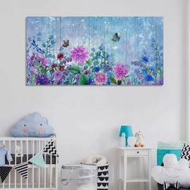 Canvas Wall Art Purple Pink Flowers Picture Natural Butterfly Watercolor Painting Vintage Framed Blue Artwork for Living Room Bedroom Office Home Kitchen Dinning Room Decor 40"x20" , One Panel