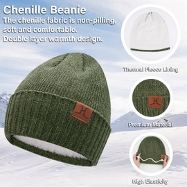 ZASFOU Womens Mens Winter Beanie Hats Scarf Touchscreen Gloves Set Warm Chenille Fleece Lined Skull Caps Neck Warmer Gifts for Women Men Army Green