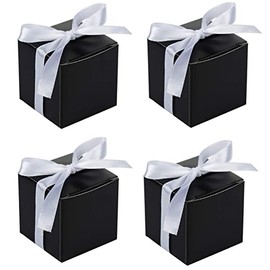 KUPOO 50PCS Favor Boxes,Candy Boxes 2.2x2.2x2.2 Inches Small Gift Boxes with Ribbons for Wedding Baby Shower Decorations Birthday Party Supplies (Black)