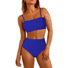 Pink Queen High Waisted Bikini Sets for Women Spaghetti Straps Textured Swimsuit Cheeky 2 Piece Bathing Suit Blue M