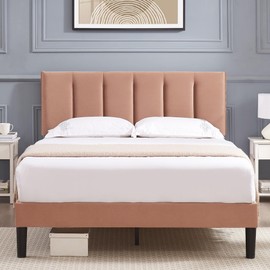 VECELO Queen Bed Frame with Upholstered Headboard, Heavy-Duty Platform Bedframe with Strong Wooden Slats Support, No Boxing Spring Needed, Coffee