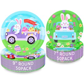 DYLIVeS Happy Easter Party Supplies, 100 Count Disposable Plates Easter Bunny Farmhouse Dinnerware 9" Paper Dinner Plates 7" Dessert Plates for Happy Easter Party Decorations