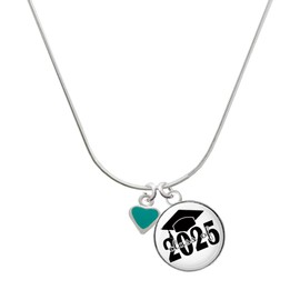 Delight Jewelry Silvertone Mini Two Sided Teal Heart Script Class of 2025 Dome Charm Necklace, 18"