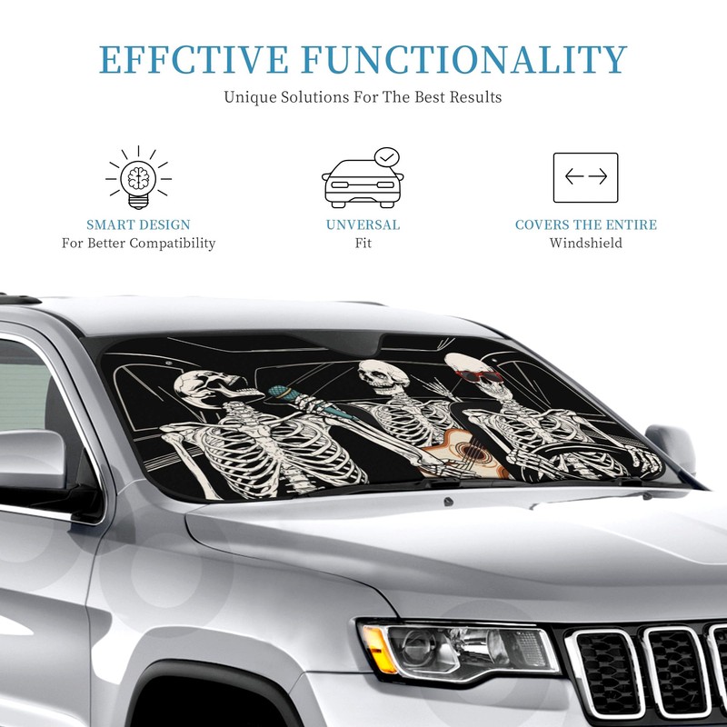 Funny Skull Car Windshield Sunshade for Big Cars, Skeleton Sun