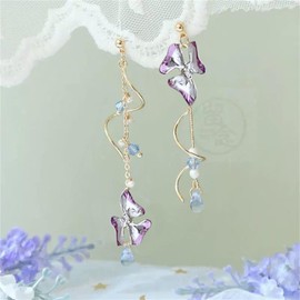 Pink Flower Long Tassel Dangle Drop Earrings Sakura Flower Leaf Pearl Petal Statement Earrings Asymmetric Boho Statement Sakura Floral Earrings for Women Bridal Prom Gifts (Orchid)