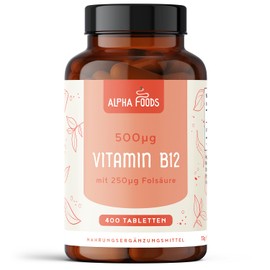 Vitamin B12 High Dose | 400 Vegan Tablets for 1+ Year Supply | 500µg Vit B12 and 250µg Folic Acid per Daily Dose | High Dose & No Additives | Alpha Foods
