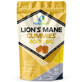 Lions Mane Gummies 4000mg | Super Strength Lion's Mane Supplement | 1 Month Supply | Mushroom Extract | Pineapple Flavour | 60 Vegan Gummies | Sugar Free | Focus, Mental Performance | by NutriVolv