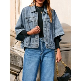 Tankaneo Womens Jean Jacket Oversized Cropped Short Sleeve Cotton Denim Jacket Fall Trendy Cape Outerwear with Pockets